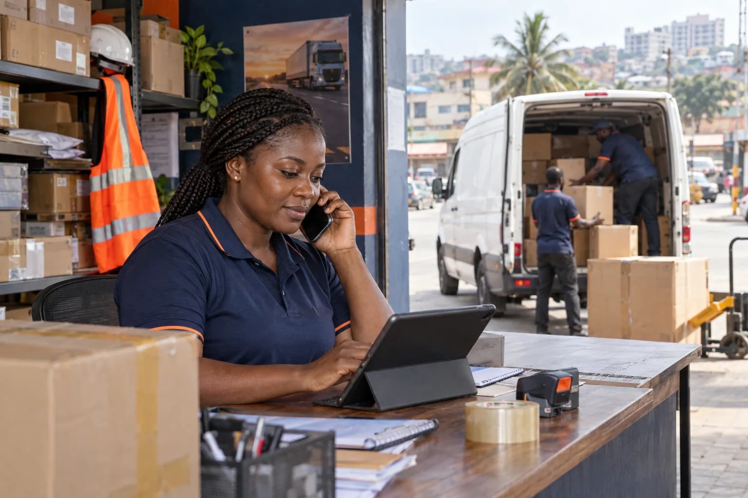 A Ghanaian logistics agent coordinating a delivery by phone beside a tablet.