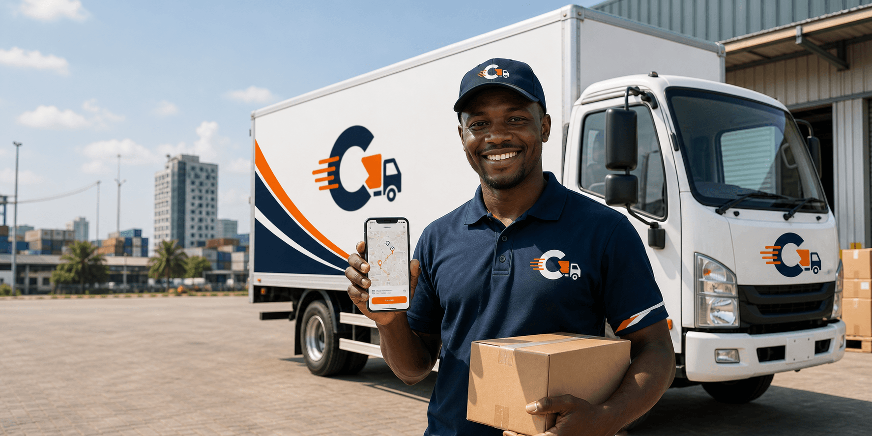 CargoMov driver standing beside a branded delivery truck