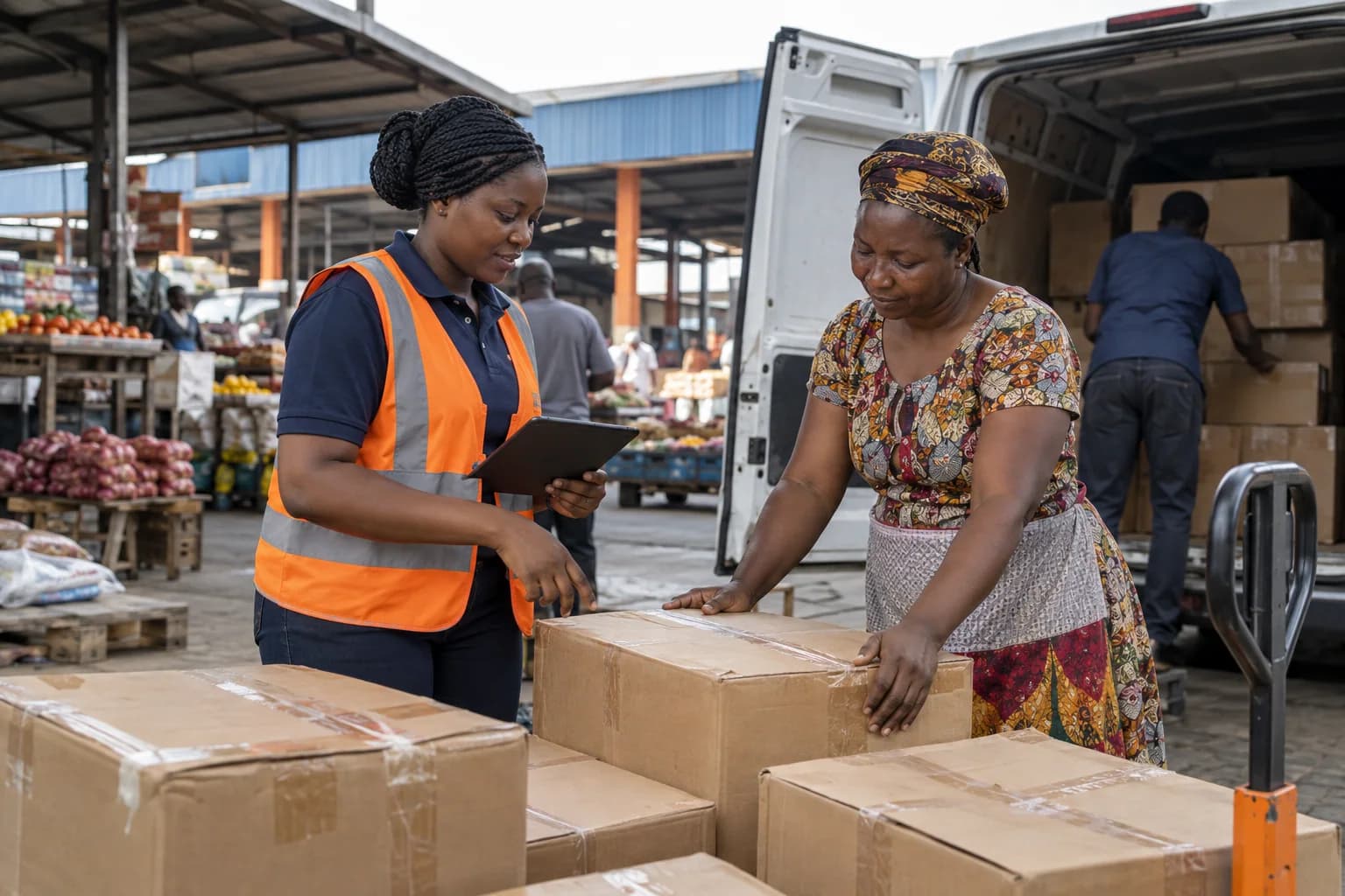 A Ghanaian agent and market trader coordinating stock cartons at a loading area.