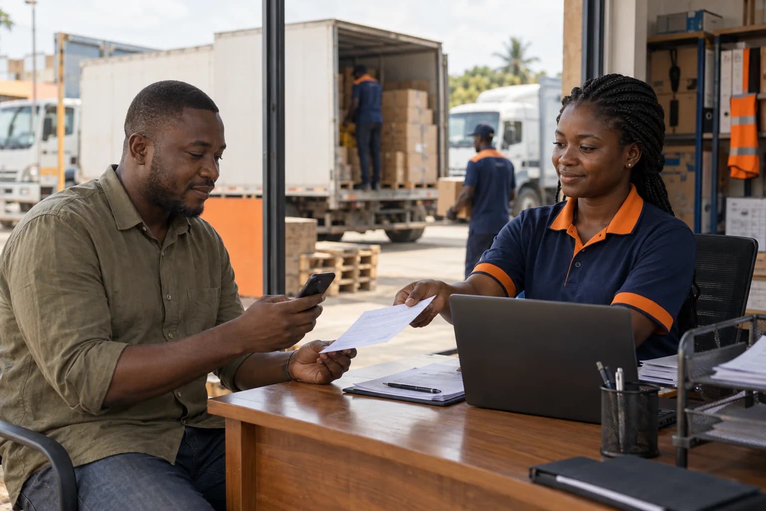 An agent handing a receipt to a Ghanaian customer reviewing a payment on a phone.