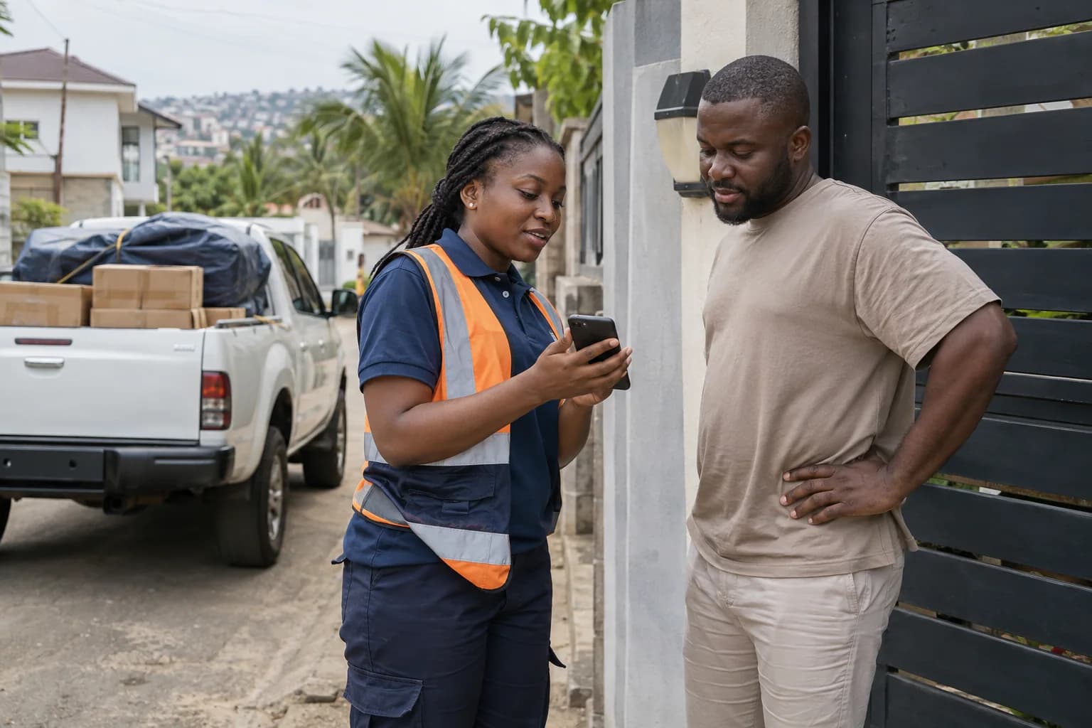 A Ghanaian agent and customer checking a pickup location outside a residential gate.