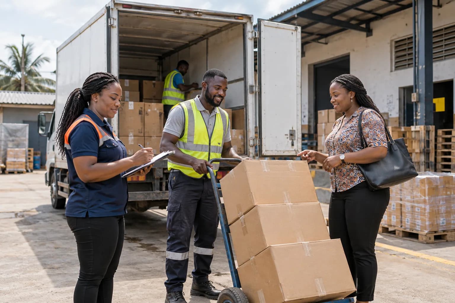An Agent, a driver and a business customer coordinating cartons at a Ghanaian warehouse.