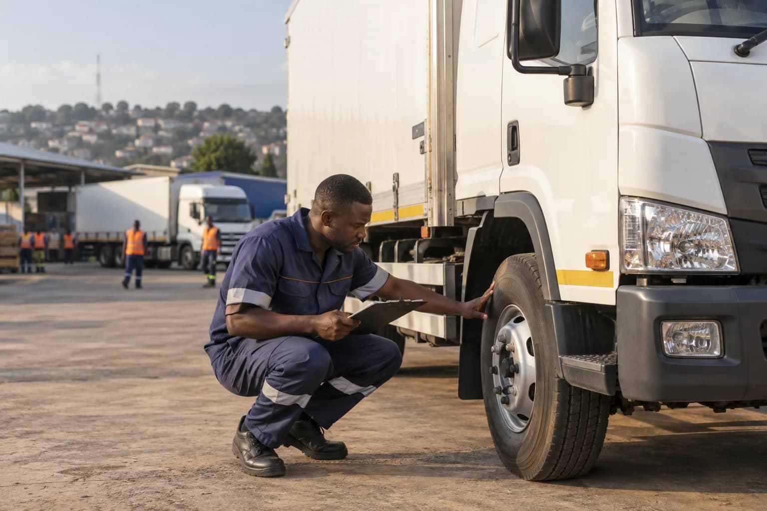 A Ghanaian truck operator inspecting a parked box truck's tyre with a clipboard.