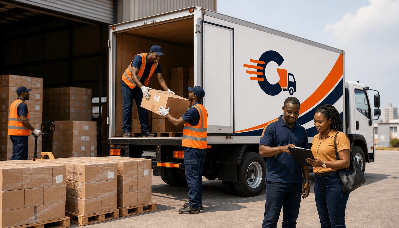 CargoMov cargo operations with drivers loading goods into a box truck