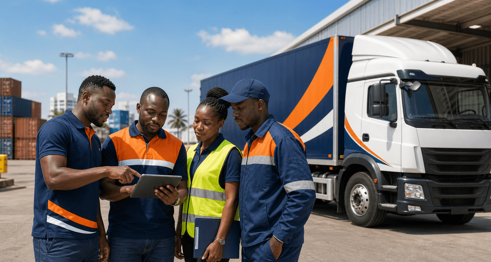 CargoMov Ghana logistics team reviewing delivery operations beside a truck