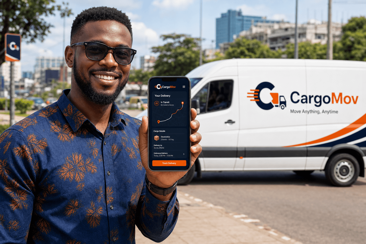 Happy CargoMov customer using the app to track cargo delivery