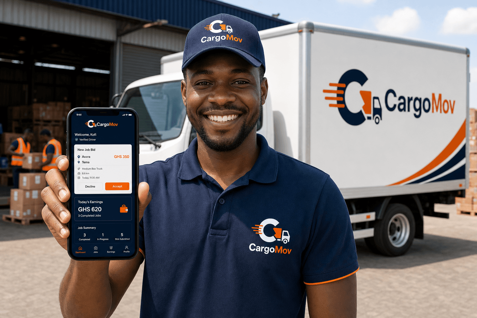 Happy CargoMov driver using the driver app near a cargo vehicle