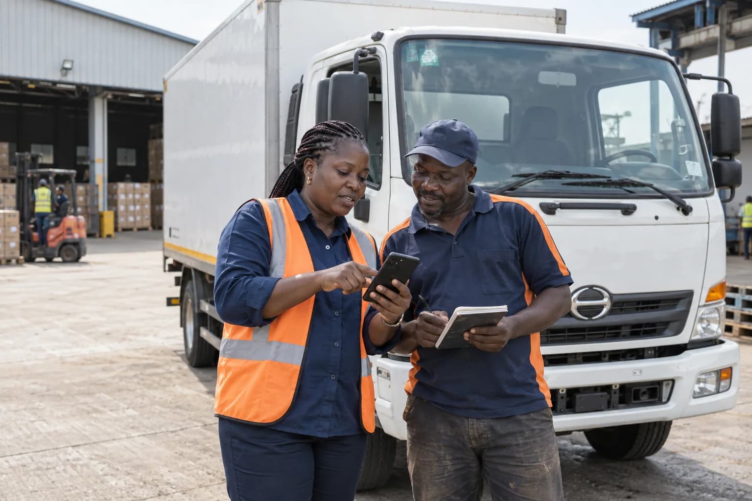 A Ghanaian truck owner and driver reviewing delivery details beside a parked cargo truck in a warehouse yard.