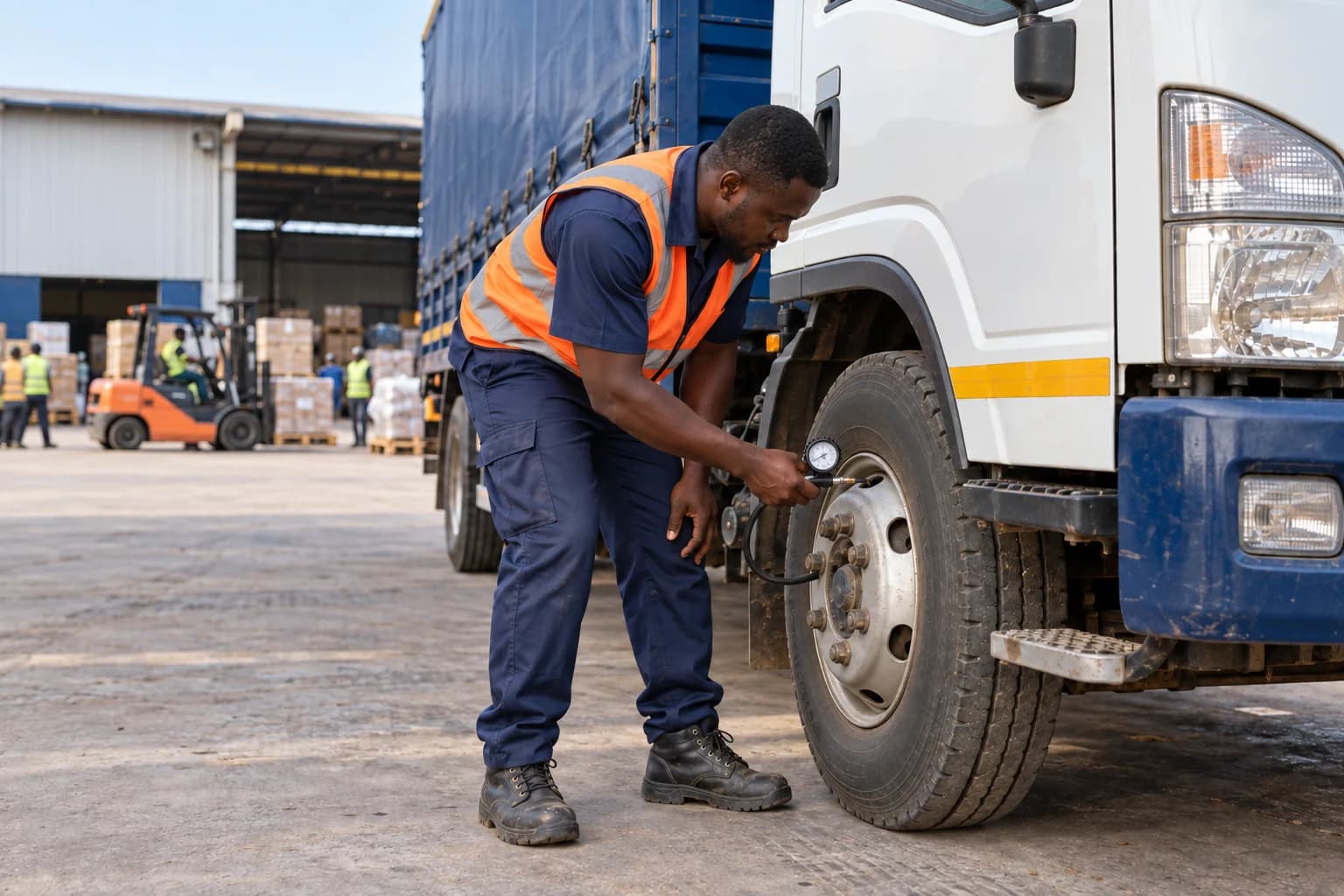 A Ghanaian driver checking a parked cargo truck's front tyre before a delivery.